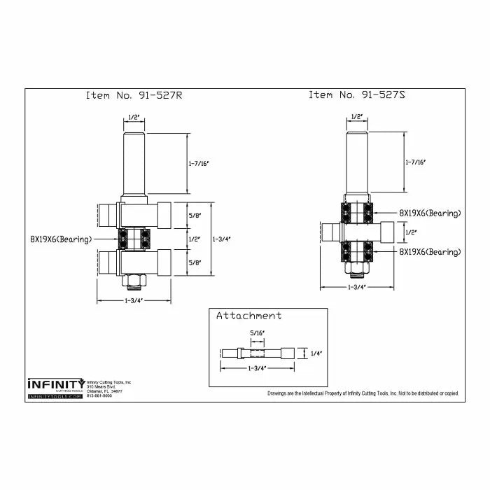 Technical diagram of router bit components with measurements and bearing details