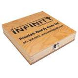 Wooden box with 'Infinity Cutting Tools' branding on a white background