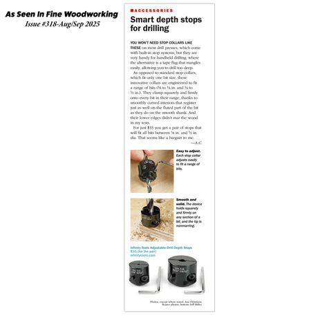 Black adjustable drill depth stops for woodworking, shown on drill bits with hex keys.