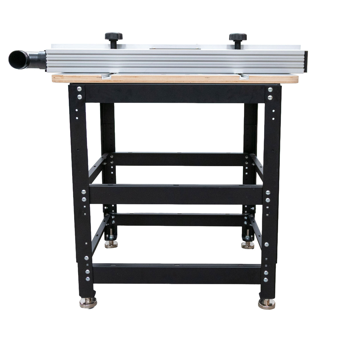 Essential router table package with aluminum fence and sturdy metal stand, rear view