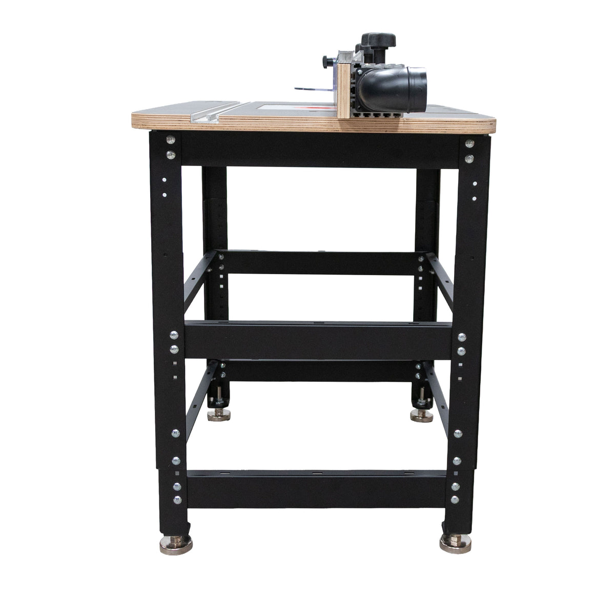 Essential router table package with metal legs, router plate, and attached fence for woodworking