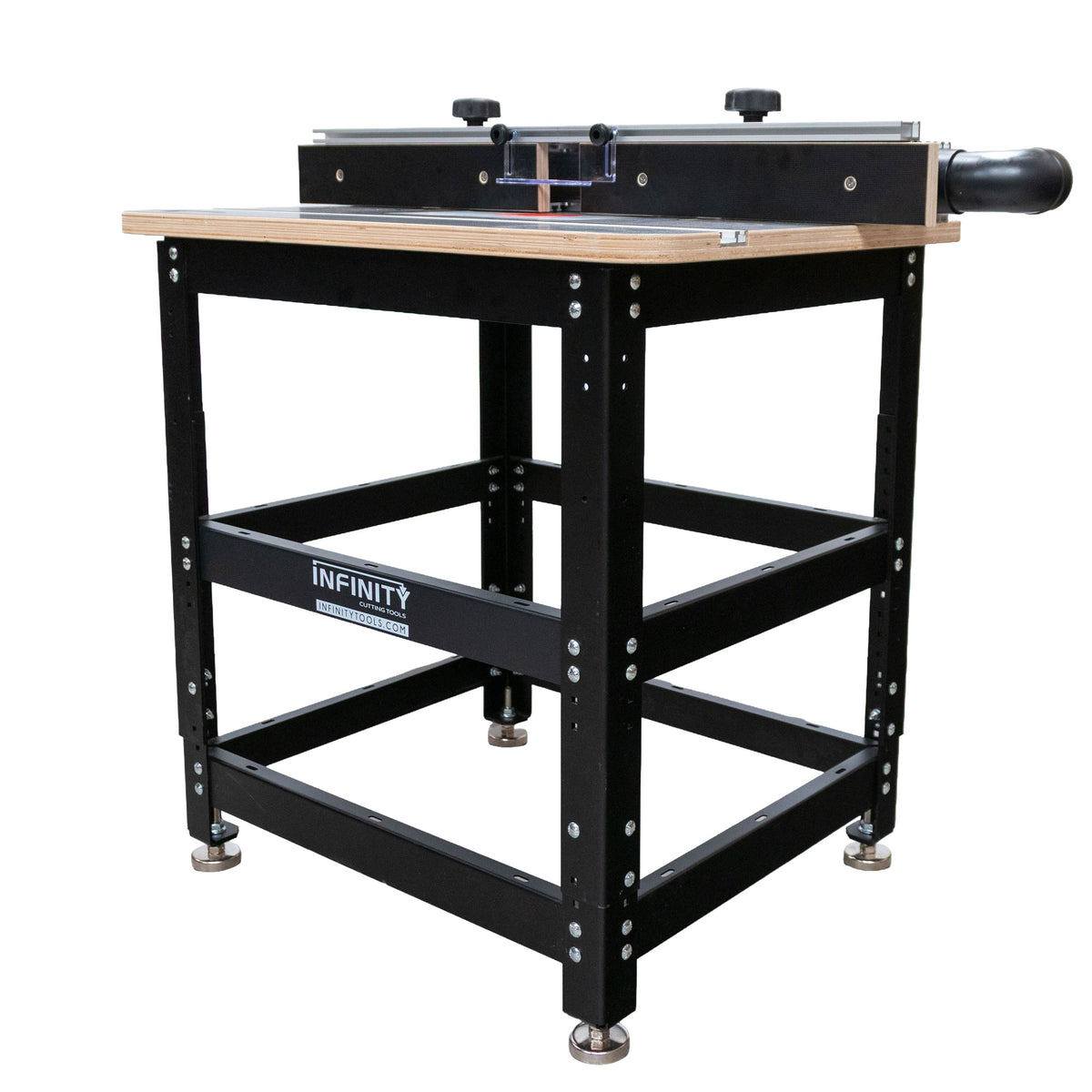Essential router table package with black metal frame, adjustable fence, and wood top for woodworking.