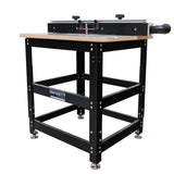 Essential router table package with black metal frame, adjustable fence, and wood top for woodworking.