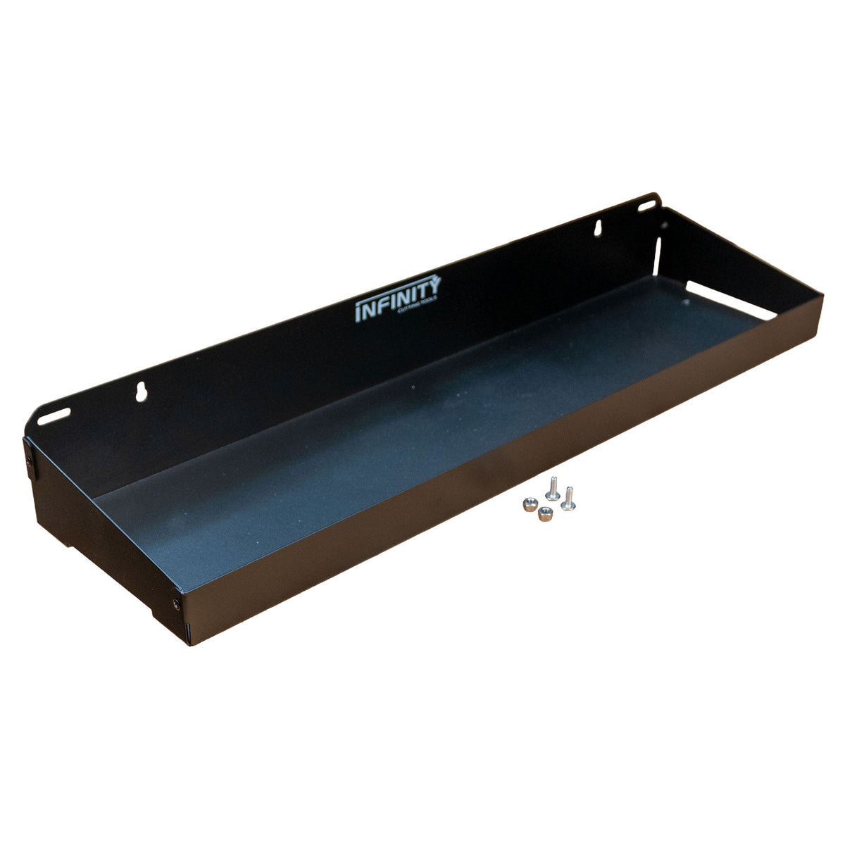 Black metal shelf with black surface and 'INFINITY' branding on a white background