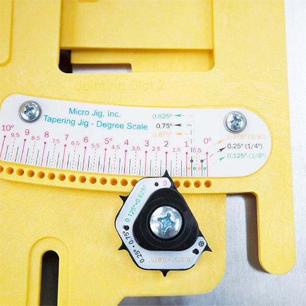 Yellow tapering jig for woodworking with labeled angle degree scale and adjustment knob.