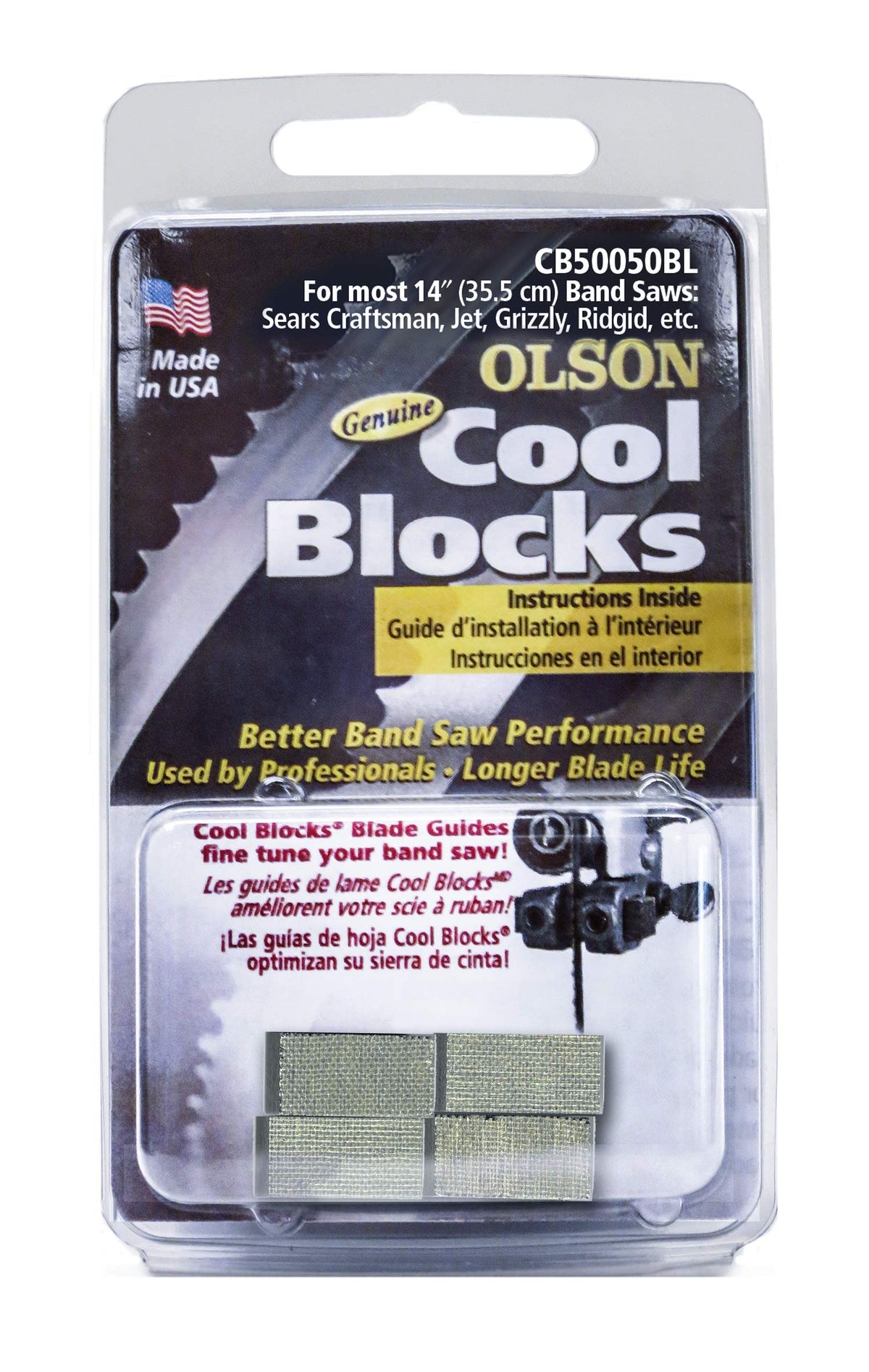 Olson Cool Blocks blade guides for 14-inch band saws in retail packaging, woodworking tool accessory.