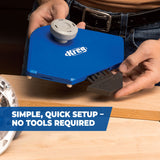 Woodworker setting up blue Kreg router table tool with simple, quick, no-tool adjustment