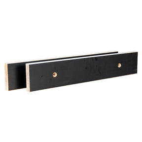 Pair of black MDF router table fence faces on white background for woodworking