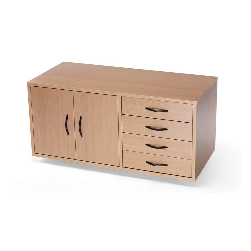 A light natural wood storage cabinet with two double doors on the left and four drawers on the right, each with a black curved handle, shown on a white background.