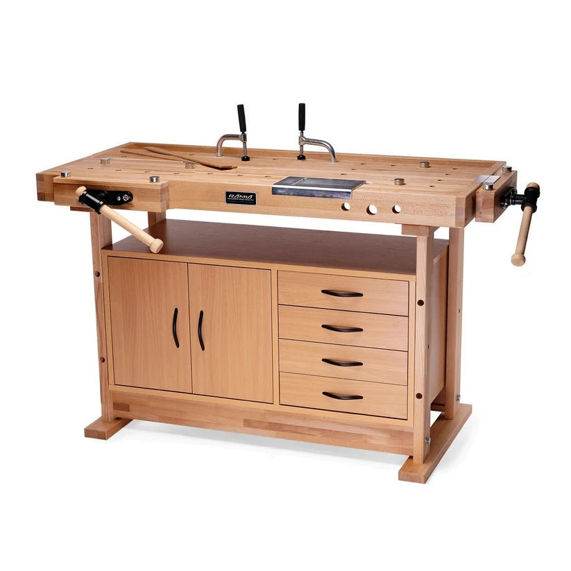 A light natural wood workbench with set of cabinet doors to the left and 4 drawers to the right, shown on a plain white background.
