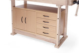 A light natural wood workshop cabinet with two double doors on the left and four drawers on the right, featuring black metal handles, shown on a white background.