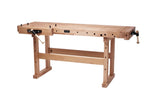 A light natural wood workbench with adjustable legs, a flat work surface, and a black-and-white clamp mechanism on the left side, shown on a plain white background.