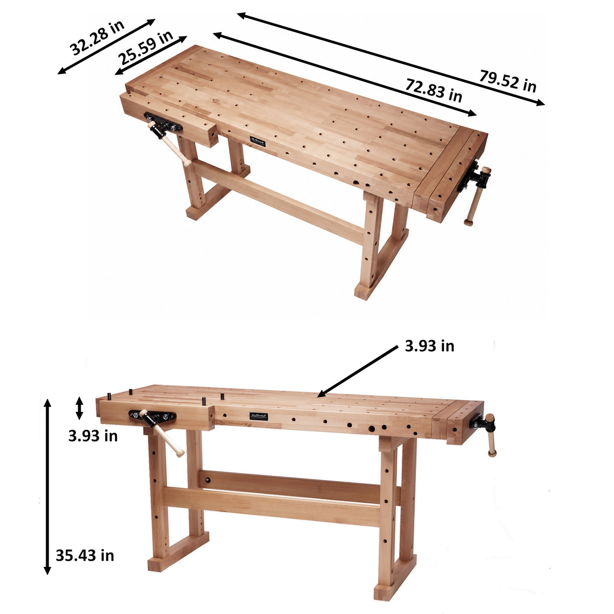 A wooden workbench shown from two angles on a white background with dimension arrows and measurements labeled in inches, including 72.83 in length, 32.