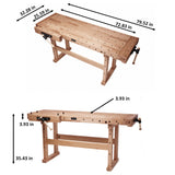 A wooden workbench shown from two angles on a white background with dimension arrows and measurements labeled in inches, including 72.83 in length, 32.