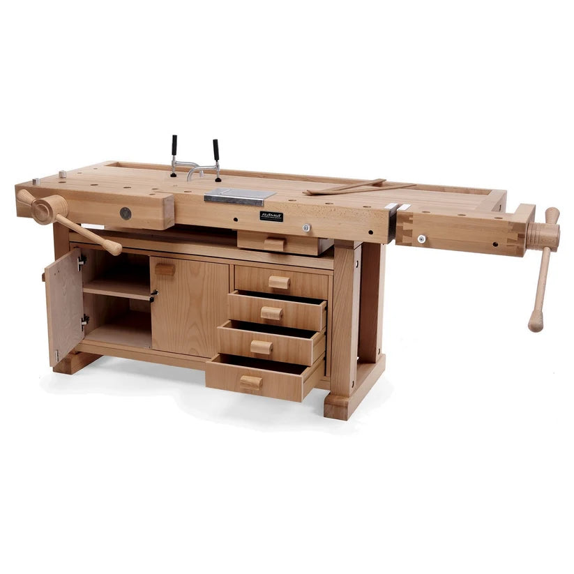 A light natural wood workbench with drawers, a workbench top, and two large hand-cranked clamps, shown on a clean white background.