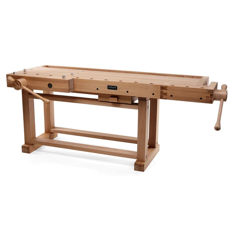 A wooden workbench with a natural oak finish, featuring a flat work surface, a vertical leg frame, and a hand-crank mechanism on both ends, shown against a plain white background.