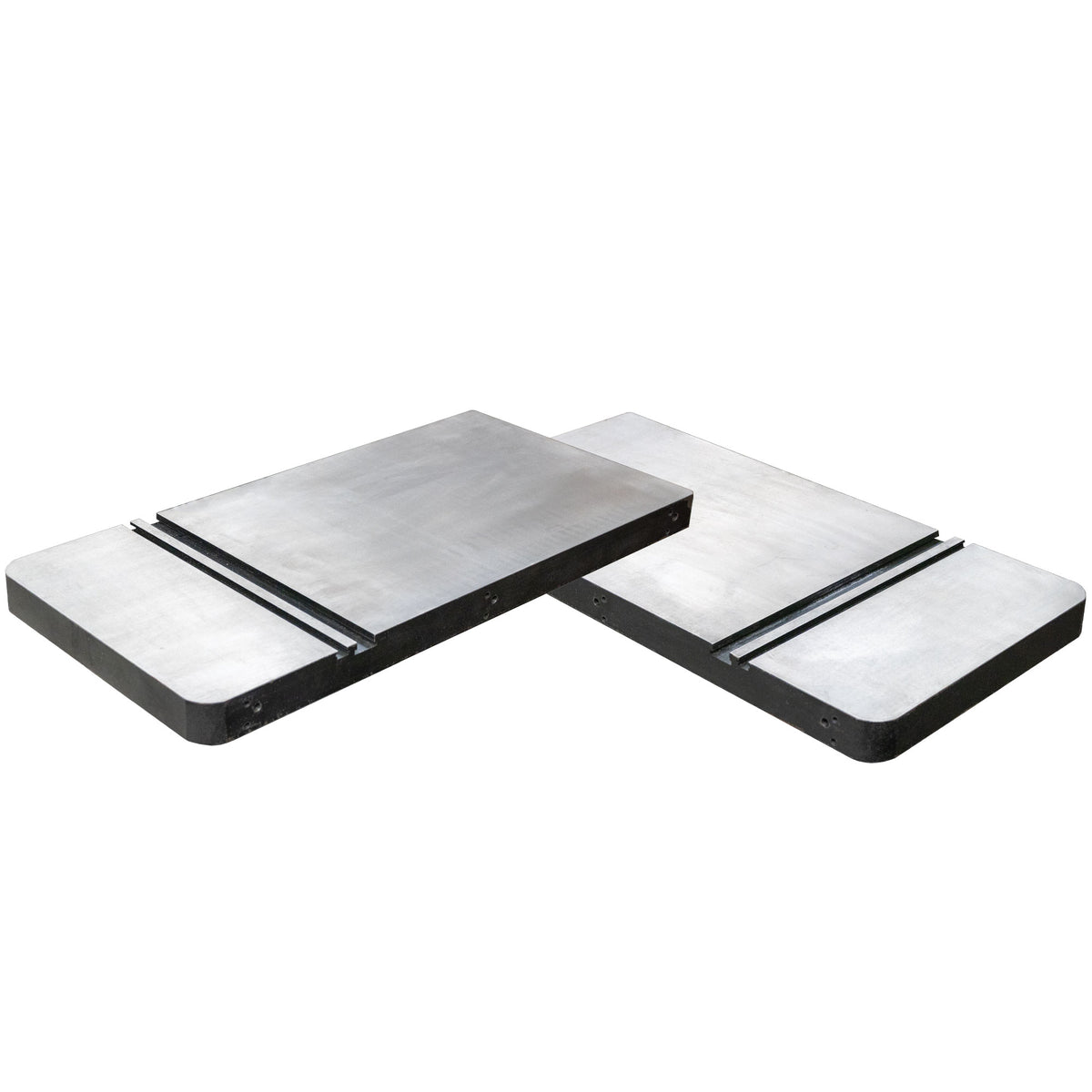 Cast iron router table wing extensions with miter slots on white background
