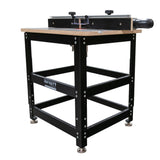 Essential router table package with sturdy metal frame, wood top, and adjustable fence
