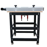Woodworking router table package with metal stand, dust port, and adjustable fence