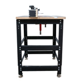 Woodworking router table package with lift system, sturdy metal frame, and wood top
