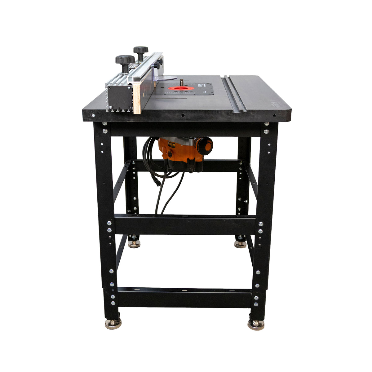 Router table package with cast iron top, metal frame and mounted router for woodworking