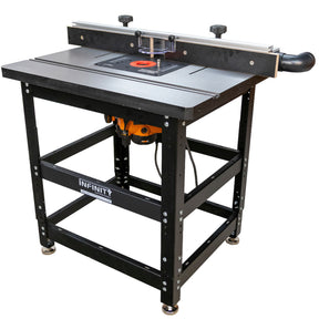 Router table package with cast iron top, adjustable fence, and sturdy metal stand