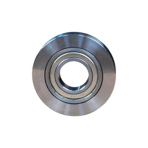 Close-up of a metal router bit bearing for woodworking tools on a white background.