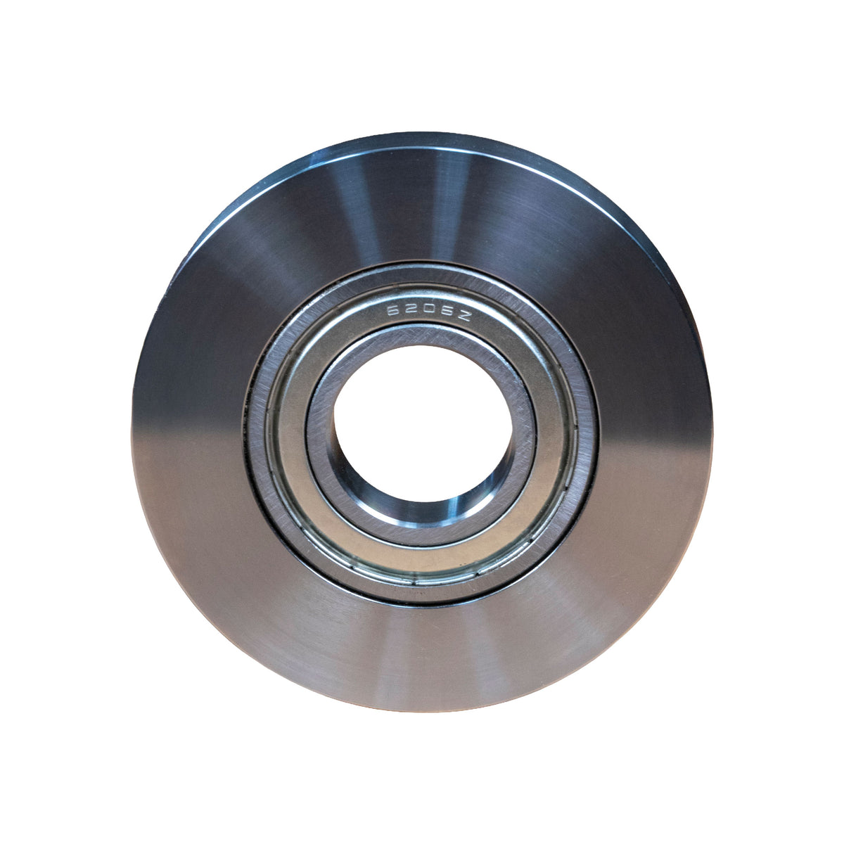 Close-up of a steel woodworking router bit bearing with smooth, polished finish
