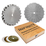Infinity Cutting Tools saw blade set with wooden box on a white background