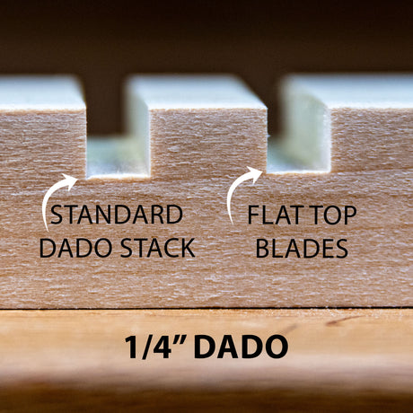 a piece of wood with two cuts, demonstrating a standard dado stack with bat ears, and a cut with flat top blades.