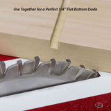two flat top blades positioned for a 1/4 inch cut and a resulting dado cut in a piece of wood.