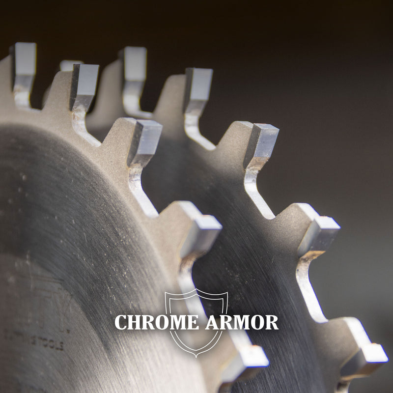 Closeup of table saw blade teeth.