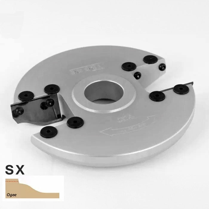 Ogee profile woodworking cutter head with replaceable carbide inserts, labeled SX.