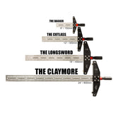 Four precision woodworking T-squares in different sizes, labeled Dagger, Cutlass, Longsword, Claymore