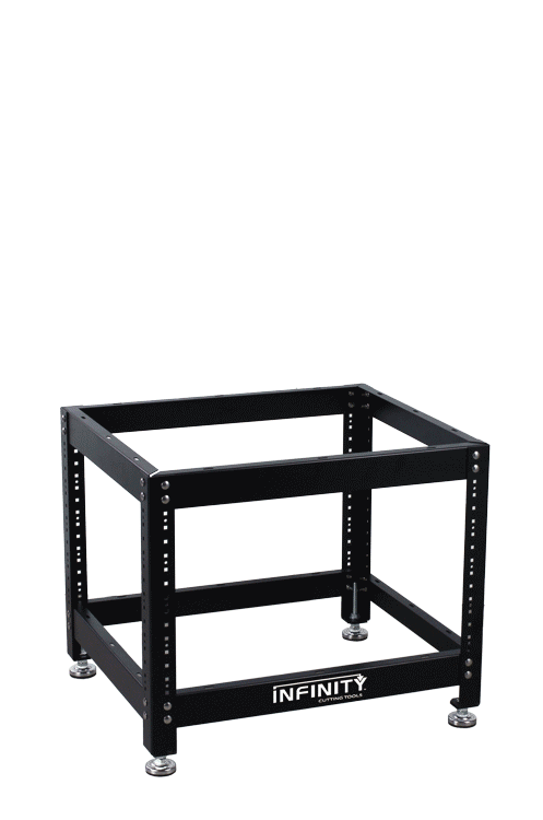 Adjustable metal tool stand for woodworking, shown with expanding workspace and shelves.