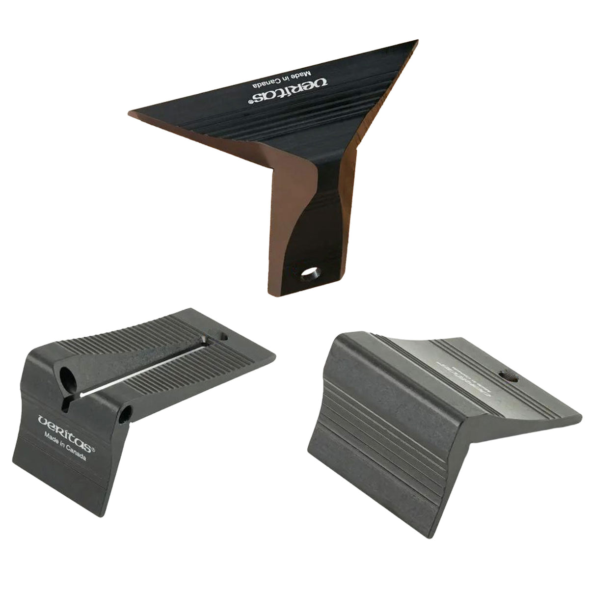 Three metal woodwork setup blocks on white background for precise woodworking setup