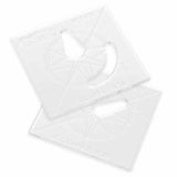 Clear acrylic woodworking router templates with geometric cutouts on white background