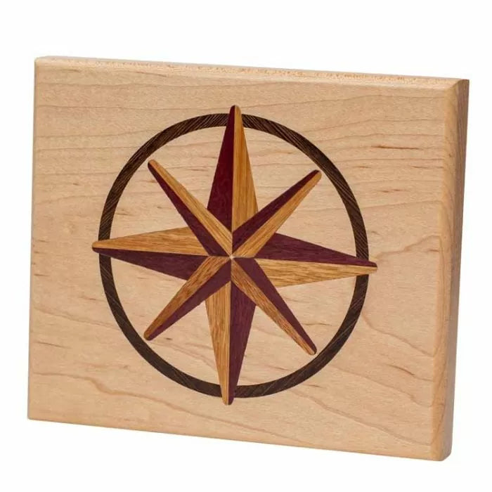 Wood inlay panel with multi-wood compass rose design for woodworking projects