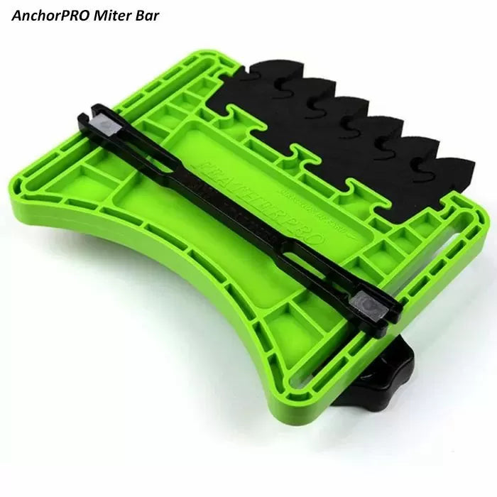 Green AnchorPRO miter bar woodworking tool with black adjustable components on white background