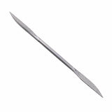 Double-ended steel woodworking rasp with textured file surfaces on both ends