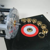 Router table brass guide bushing set with multiple inserts and clear router base plate