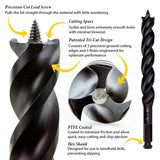 Close-up of precision wood drill bit with labeled features including lead screw, cutting spurs, tri-cut design, PTFE coating, and hex shank.