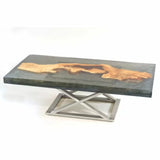 Modern epoxy resin river coffee table with live edge wood slab and metal base