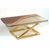 Modern epoxy resin and wood coffee table with gold geometric metal base