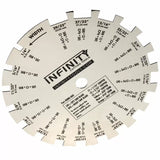 Woodworking dado blade chart for table saws with labeled width notches and tips.