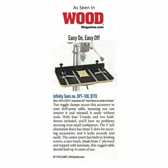 Drill press table with adjustable fence, T-tracks, and toggle clamps for woodworking.