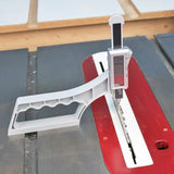 Digital height gauge measuring table saw blade height on a woodworking table
