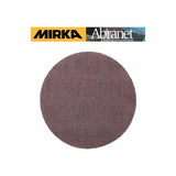 Round mesh abrasive sanding disc for woodworking, labeled Mirka Abranet, on white background.