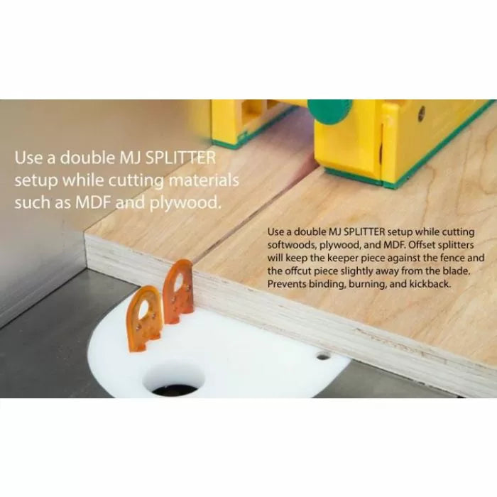 Double MJ SPLITTER setup on a table saw cutting MDF and plywood with push block