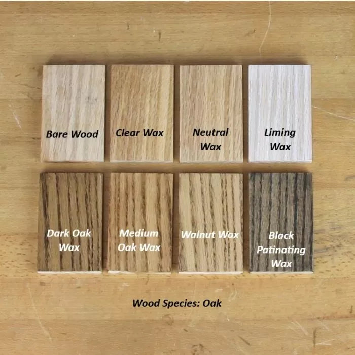 Oak wood finish samples showing effects of clear, neutral, liming, dark, medium, walnut and black waxes